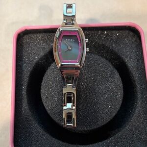 Fossil Women's Silver and Red Bracelet Watch. Needs Battery replaced. NIB